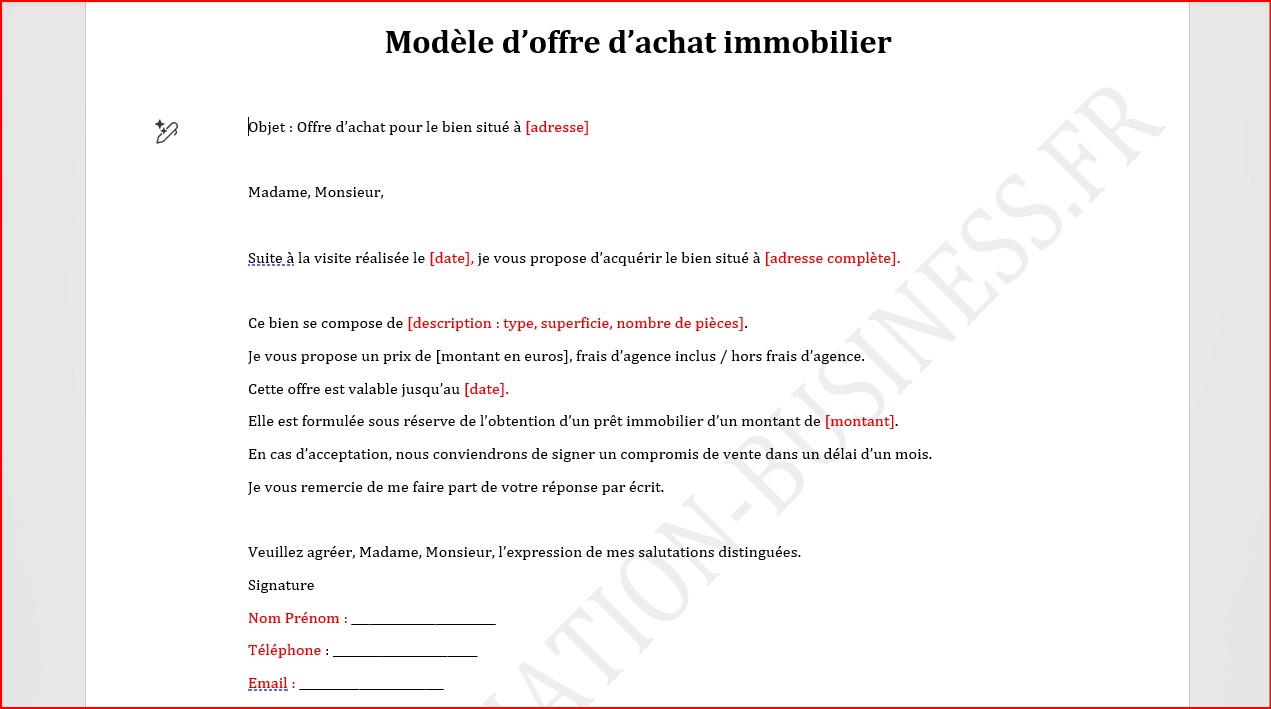 Modèle offre d'achat immobilier