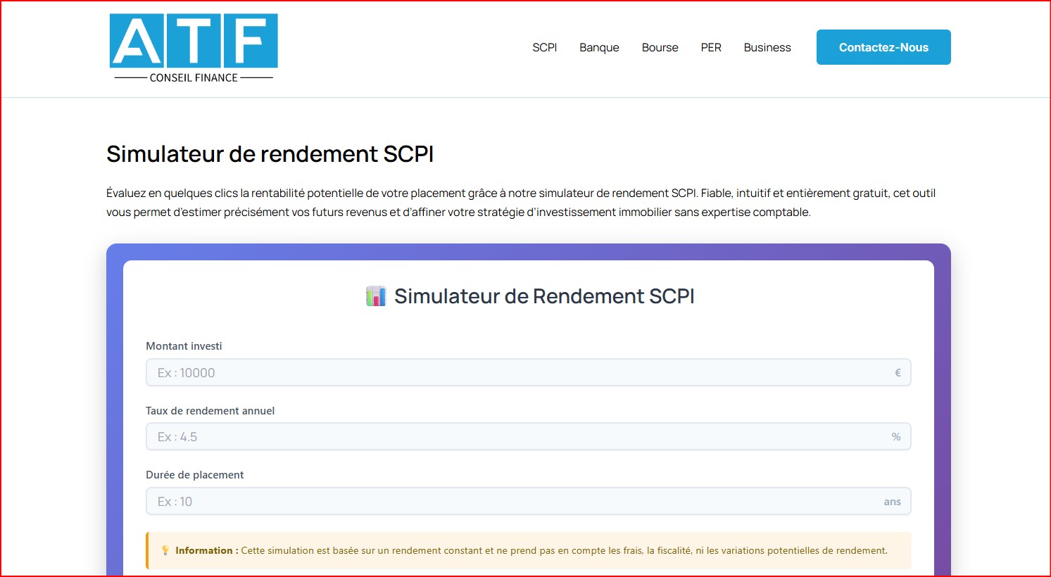 simulateur rendement SCPI atf conseil finance